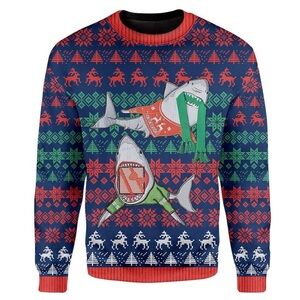 Festive Shark Adventure Kids Sweater - Blue, Red, Green